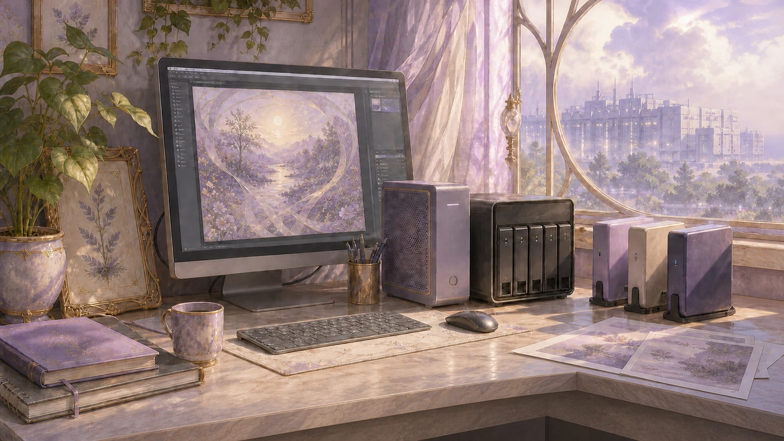 A clean local creative workstation with a modest computer, local server, archive drives, and a distant data center visible through the window