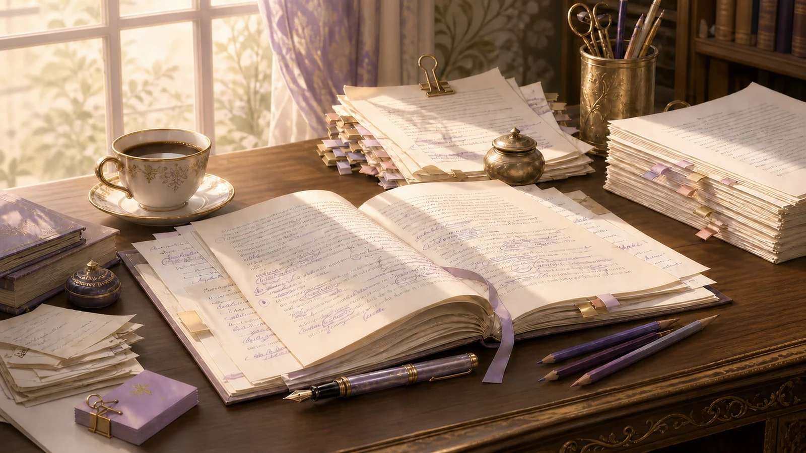 A meticulously organized writing desk covered with revised manuscript pages, editing marks, tabs, pencils, a fountain pen, and coffee