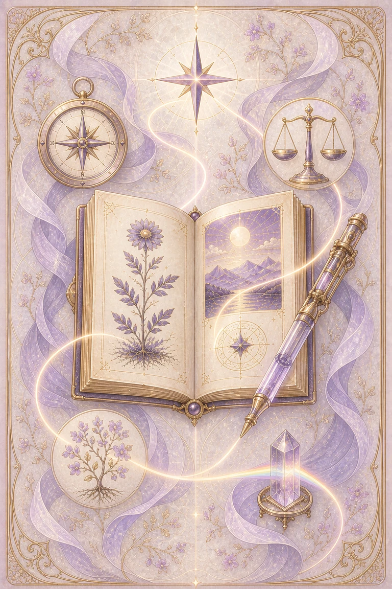 An illuminated manuscript and writing instrument surrounded by symbols of direction, judgment, experience, and imagination