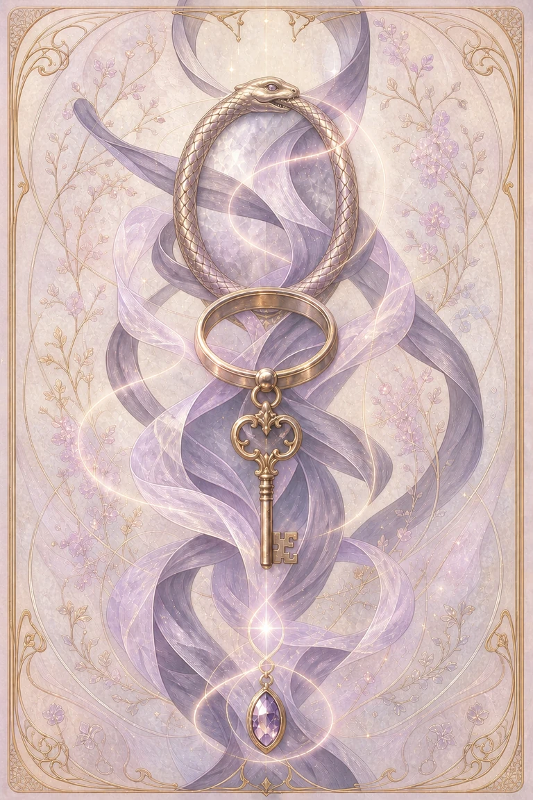 A gold Ouroboros mirror, collar, key, and flowing lavender ribbons in an ornate tarot composition
