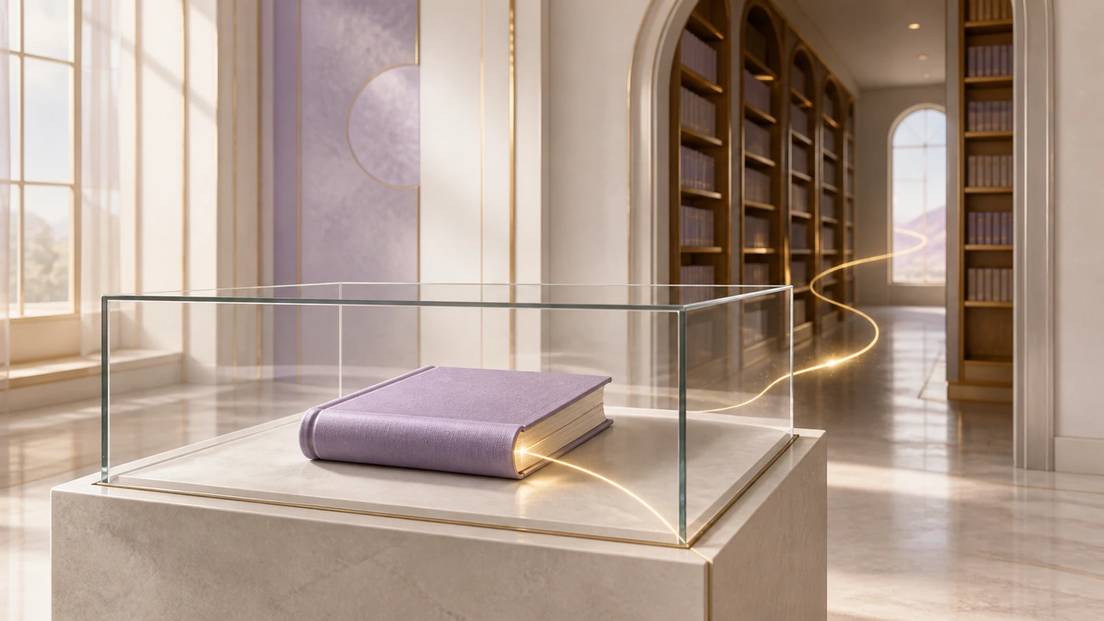 A finished lavender book preserved beneath glass in a bright modern archive, with a golden thread of light continuing into the library
