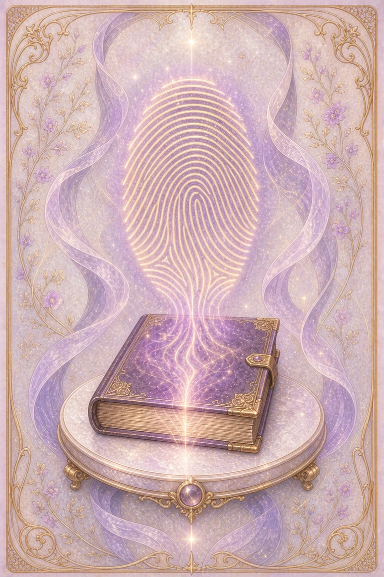 A luminous fingerprint rising from a finished lavender book in a pearl-and-gold tarot composition